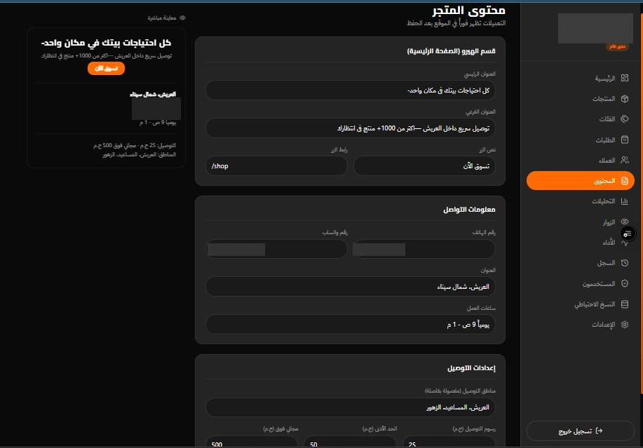 Store content editor with a live preview panel alongside the form